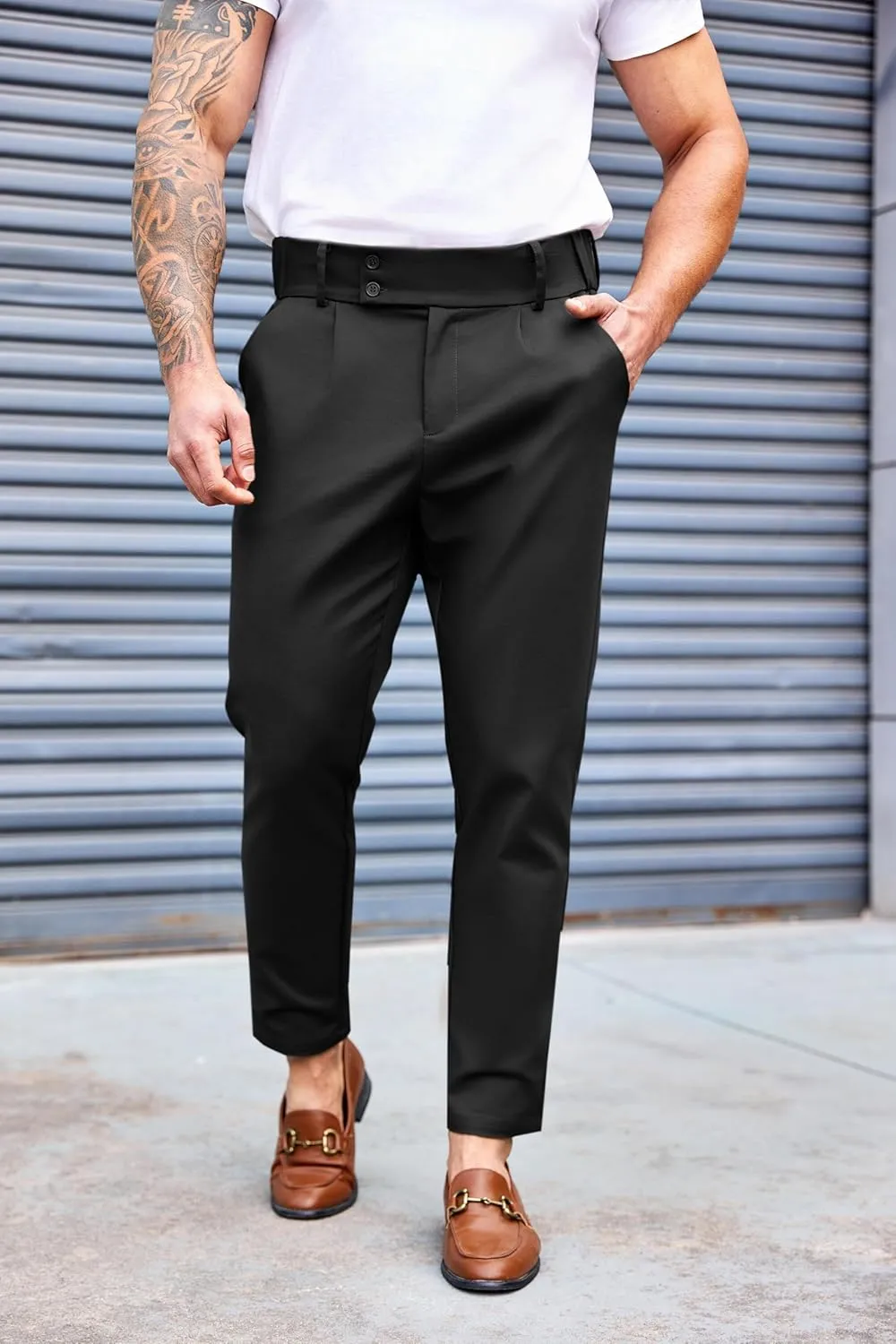 PASLTER Mens Chino Pants Slim Fit Flat Front Stretch Skinny Tapered Dress Pants Casual Trousers