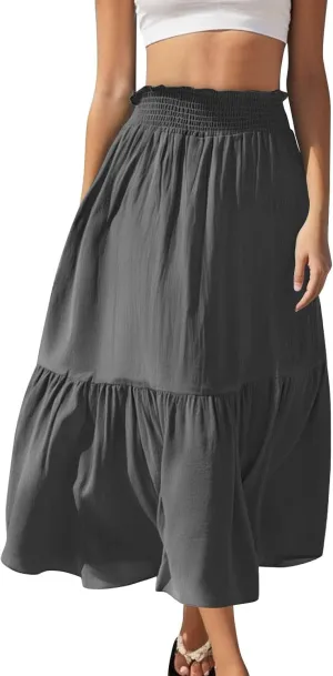 PBNBP Women's Summer Midi Skirts Tiered Flowy High Waist Skirt A-Line Smocked Ruffle Casual Skirts Fashion Beach Cover Ups