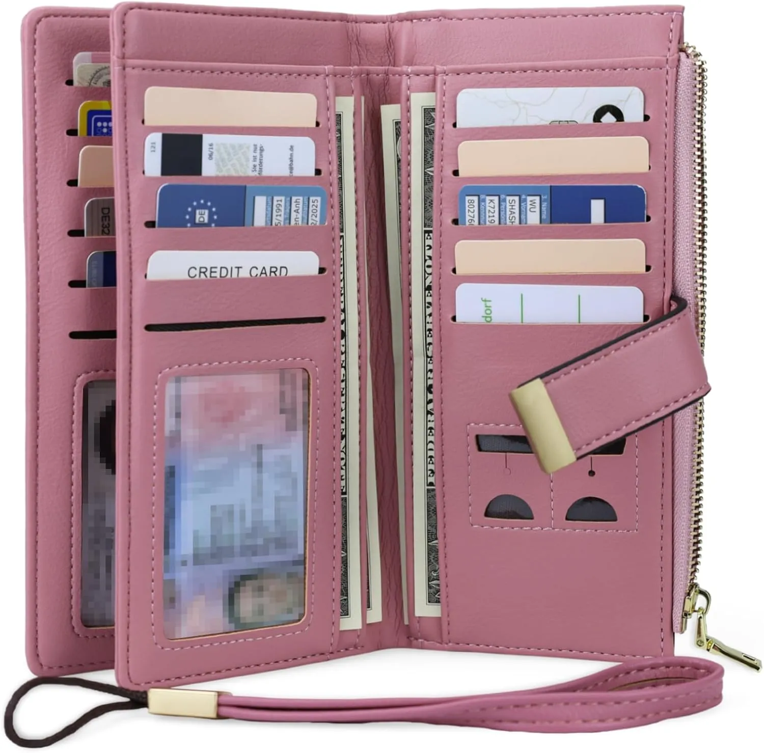 Pink RFID Blocking Wallet for Women Long Leather Coin Purse with Flower Design Minimalist Credit Card Holder and ID Window Cute Travel Cash Wallet for Women
