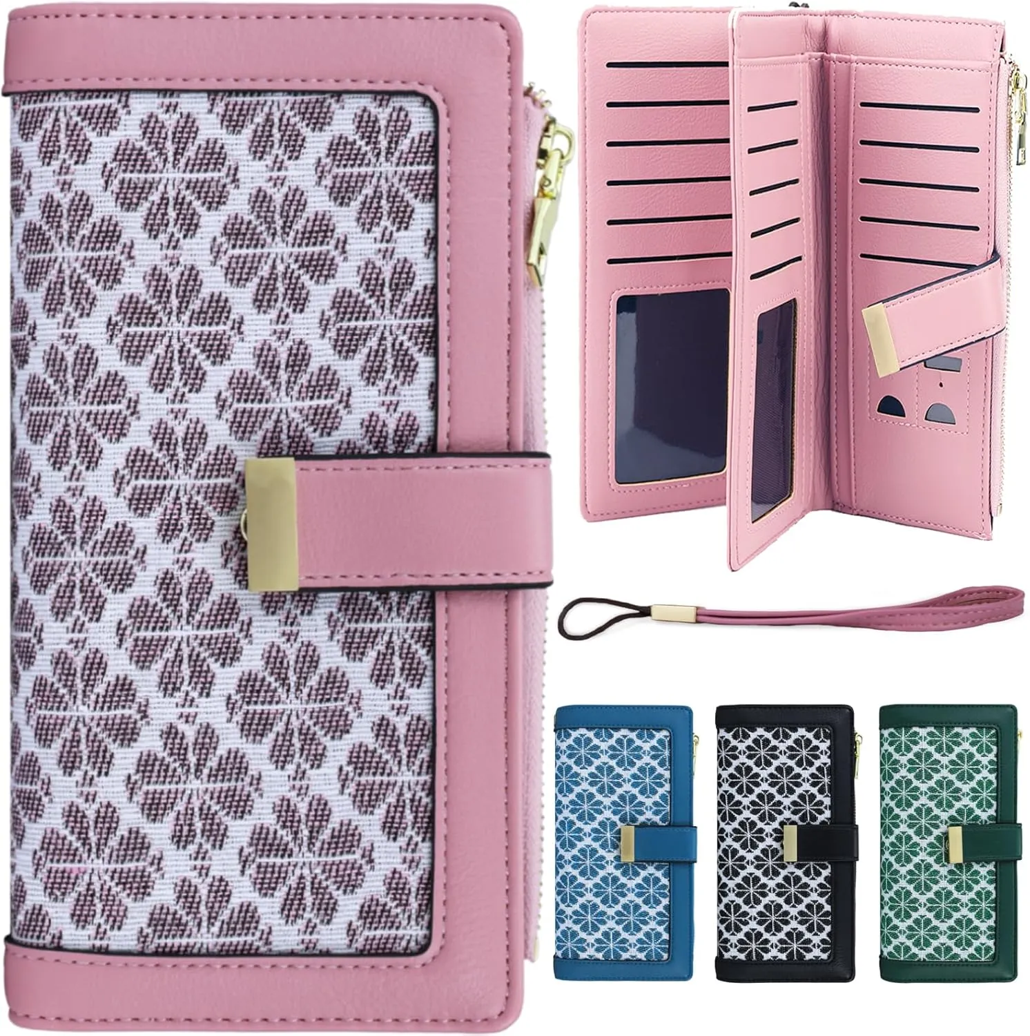 Pink RFID Blocking Wallet for Women Long Leather Coin Purse with Flower Design Minimalist Credit Card Holder and ID Window Cute Travel Cash Wallet for Women