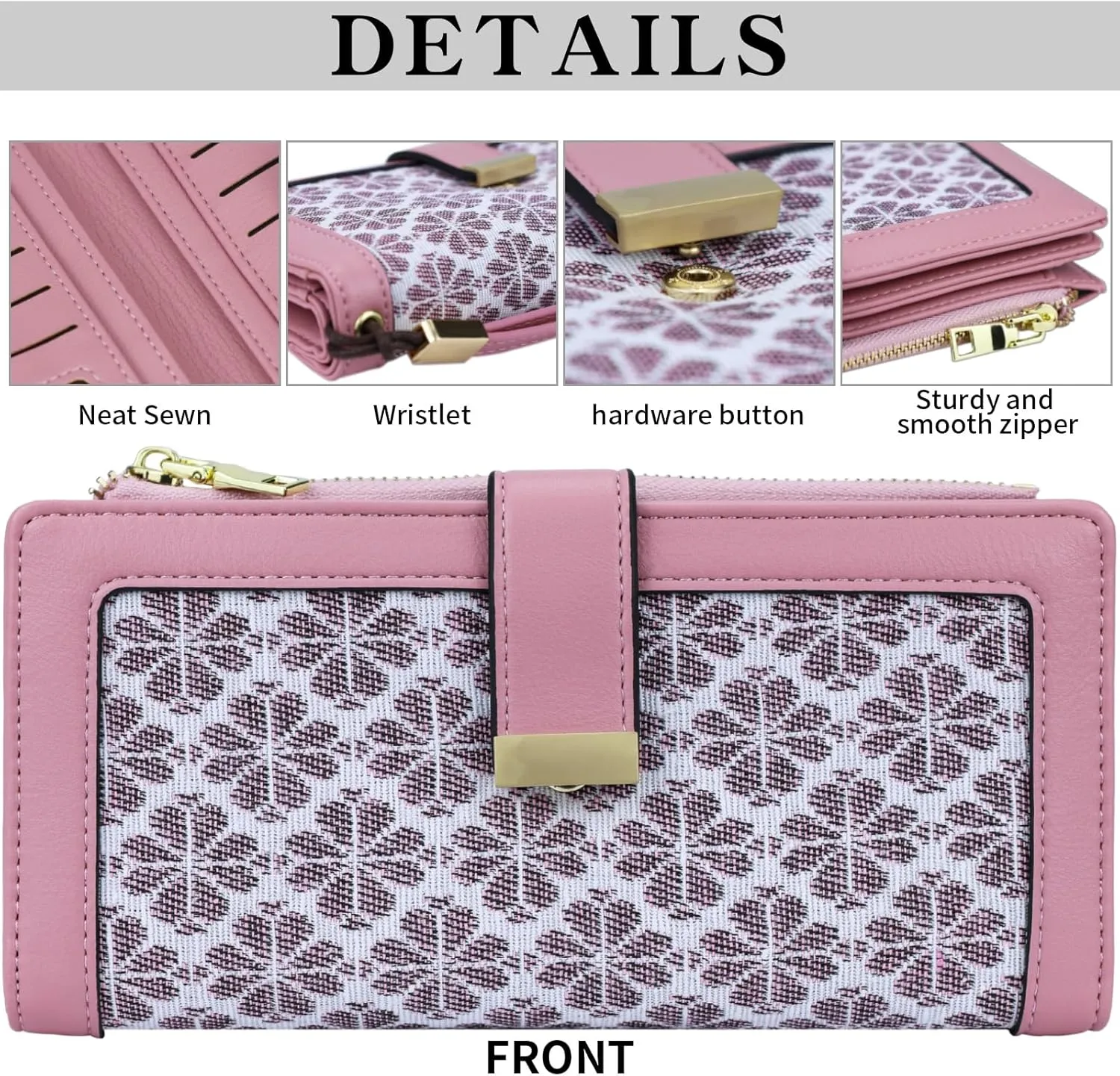 Pink RFID Blocking Wallet for Women Long Leather Coin Purse with Flower Design Minimalist Credit Card Holder and ID Window Cute Travel Cash Wallet for Women