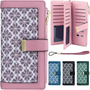 Pink RFID Blocking Wallet for Women Long Leather Coin Purse with Flower Design Minimalist Credit Card Holder and ID Window Cute Travel Cash Wallet for Women