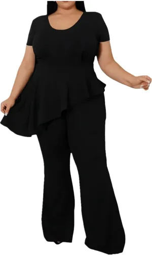 Plus Size 2 Piece Sets for Curvy Women Short Sleeve Pleated Top Wide Leg Pants Sets Pockets Business Pantsuits