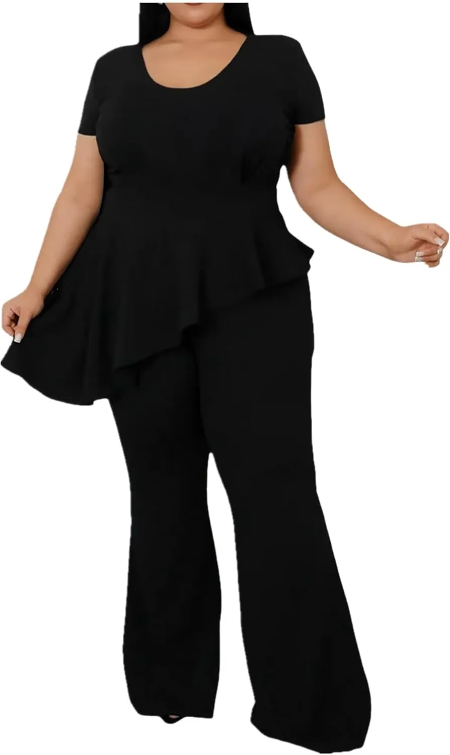 Plus Size 2 Piece Sets for Curvy Women Short Sleeve Pleated Top Wide Leg Pants Sets Pockets Business Pantsuits