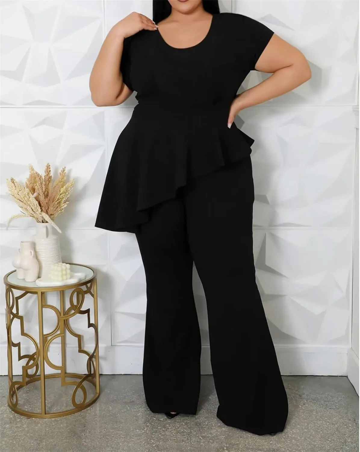 Plus Size 2 Piece Sets for Curvy Women Short Sleeve Pleated Top Wide Leg Pants Sets Pockets Business Pantsuits