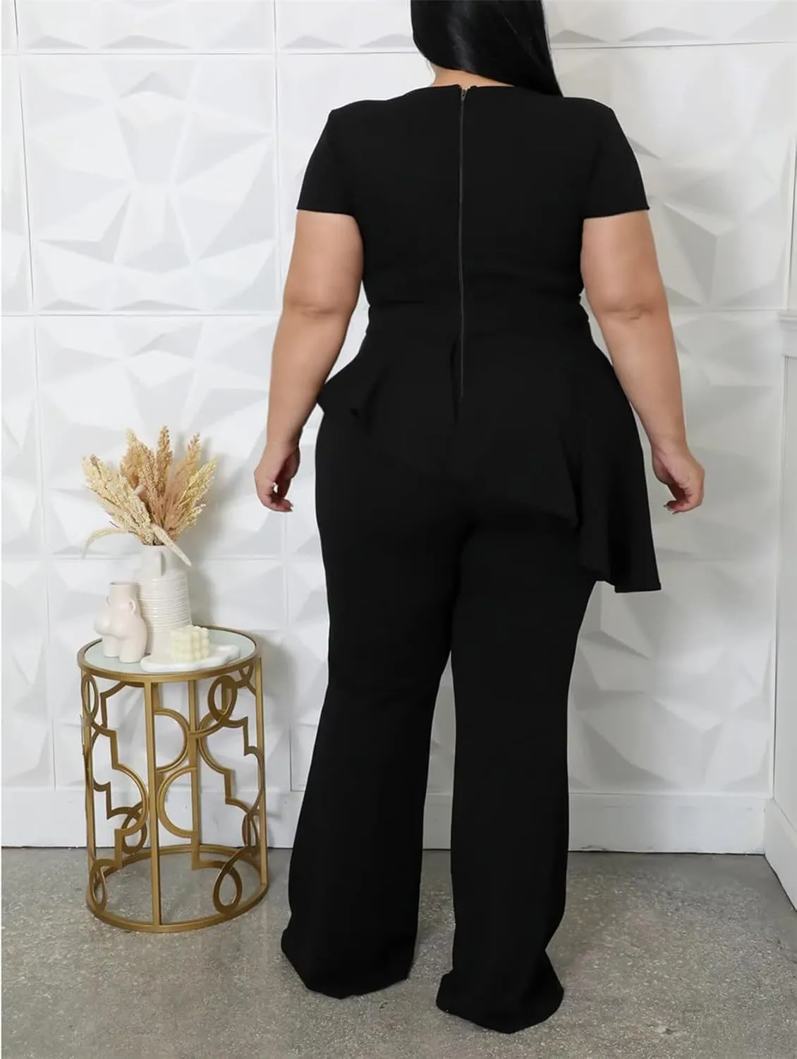 Plus Size 2 Piece Sets for Curvy Women Short Sleeve Pleated Top Wide Leg Pants Sets Pockets Business Pantsuits