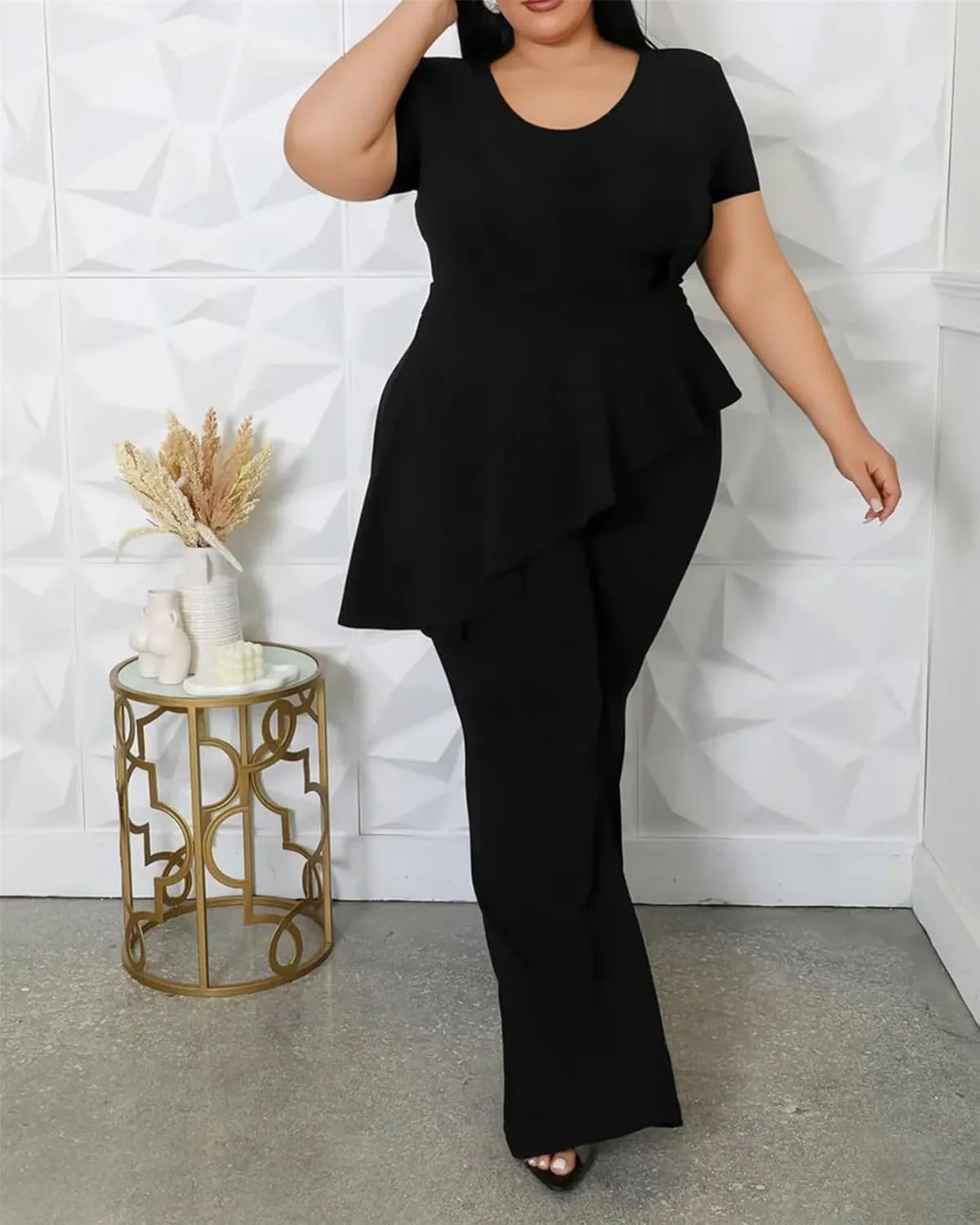 Plus Size 2 Piece Sets for Curvy Women Short Sleeve Pleated Top Wide Leg Pants Sets Pockets Business Pantsuits