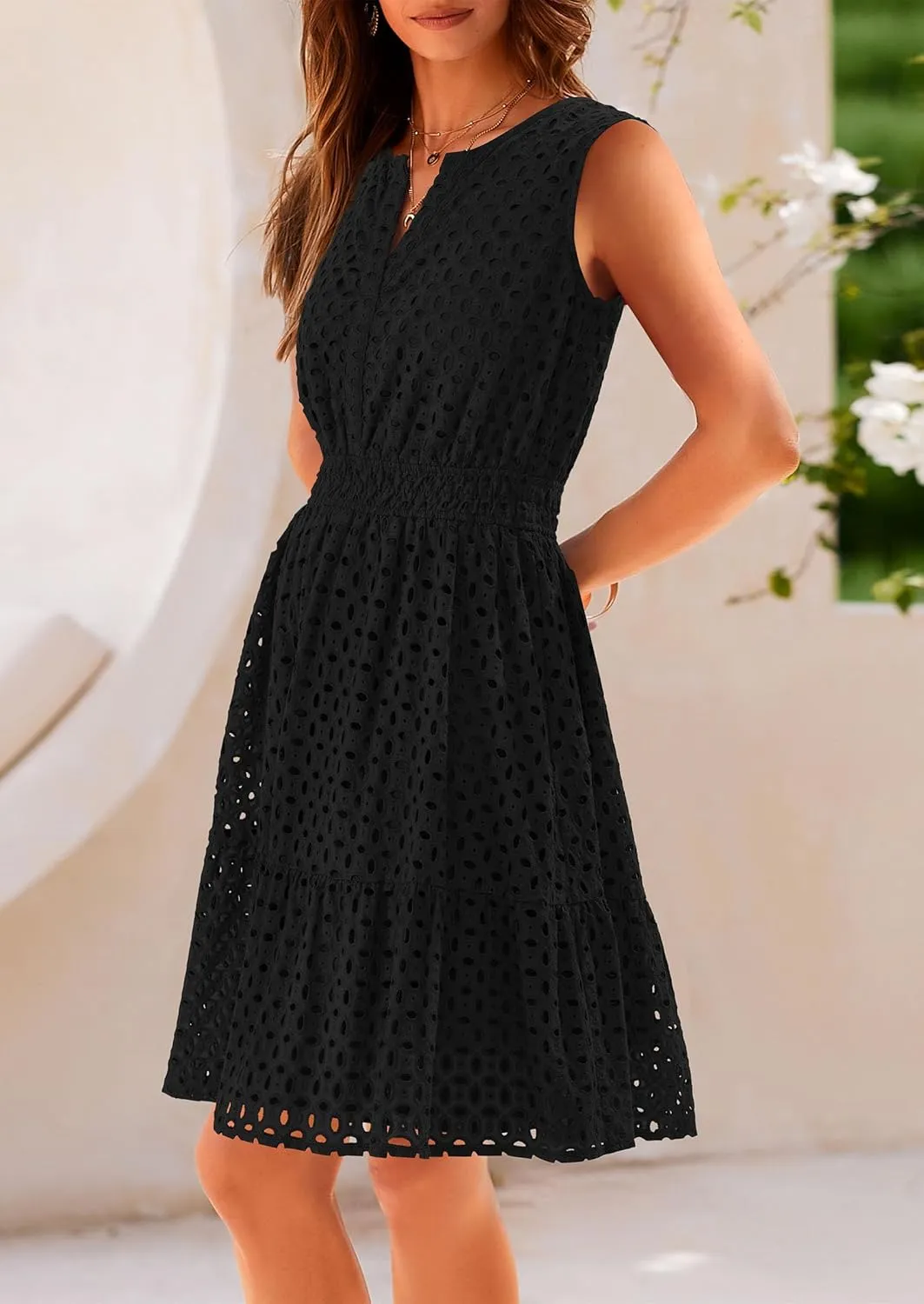 PRETTYGARDEN Women's Summer Dresses 2025 Sleeveless V Neck Eyelet Hollow Out Swing A Line Beach Vacation Sun Dress