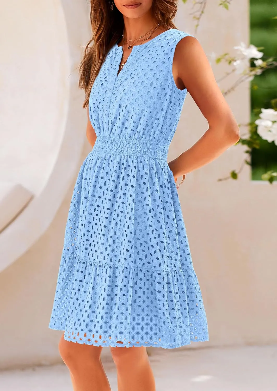 PRETTYGARDEN Women's Summer Dresses 2025 Sleeveless V Neck Eyelet Hollow Out Swing A Line Beach Vacation Sun Dress