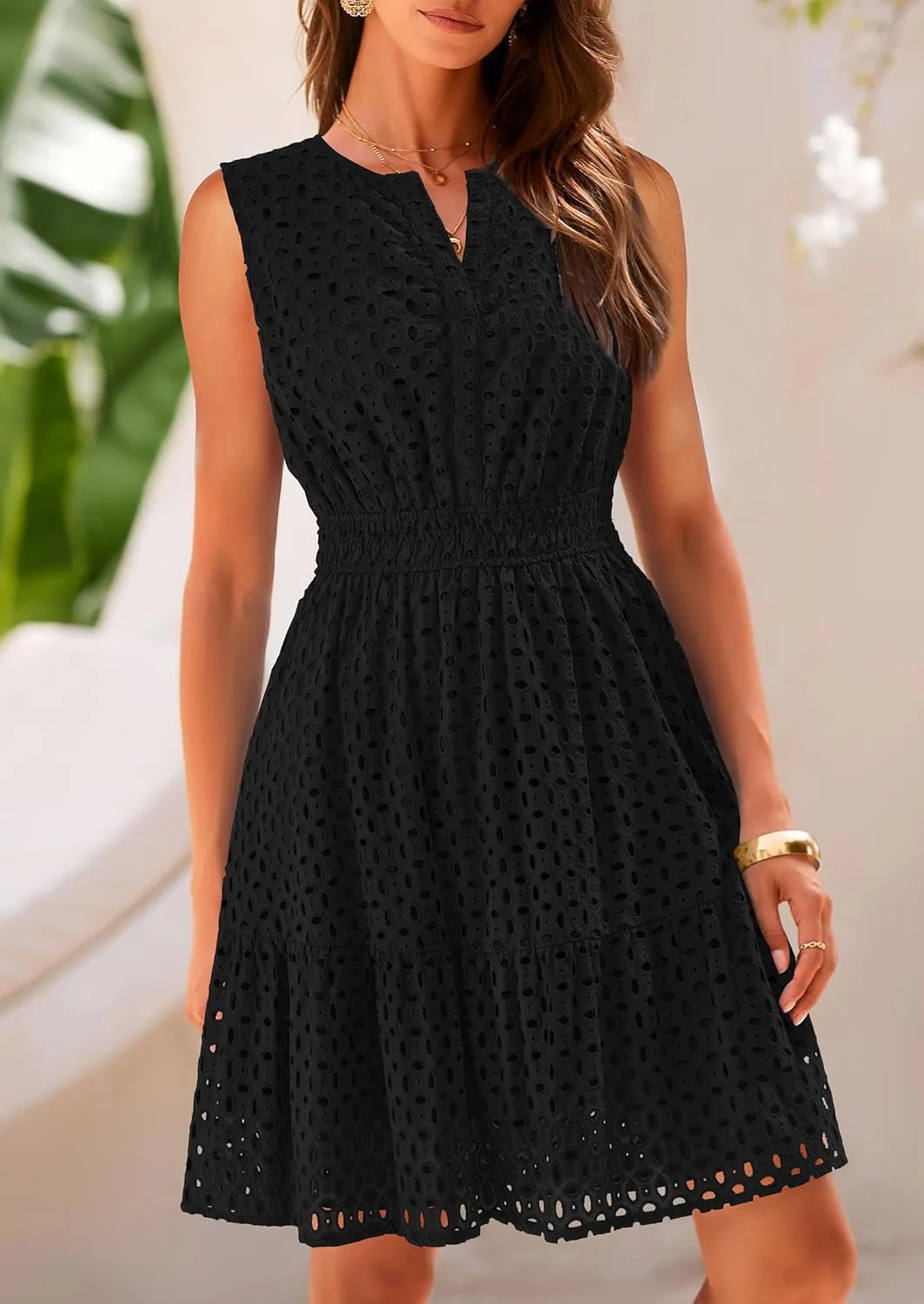 PRETTYGARDEN Women's Summer Dresses 2025 Sleeveless V Neck Eyelet Hollow Out Swing A Line Beach Vacation Sun Dress