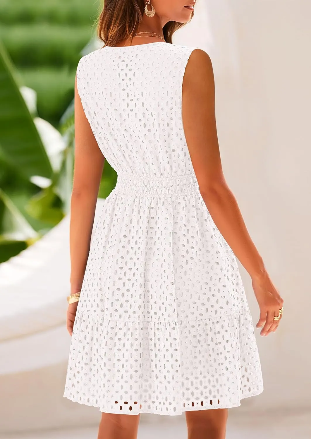 PRETTYGARDEN Women's Summer Dresses 2025 Sleeveless V Neck Eyelet Hollow Out Swing A Line Beach Vacation Sun Dress