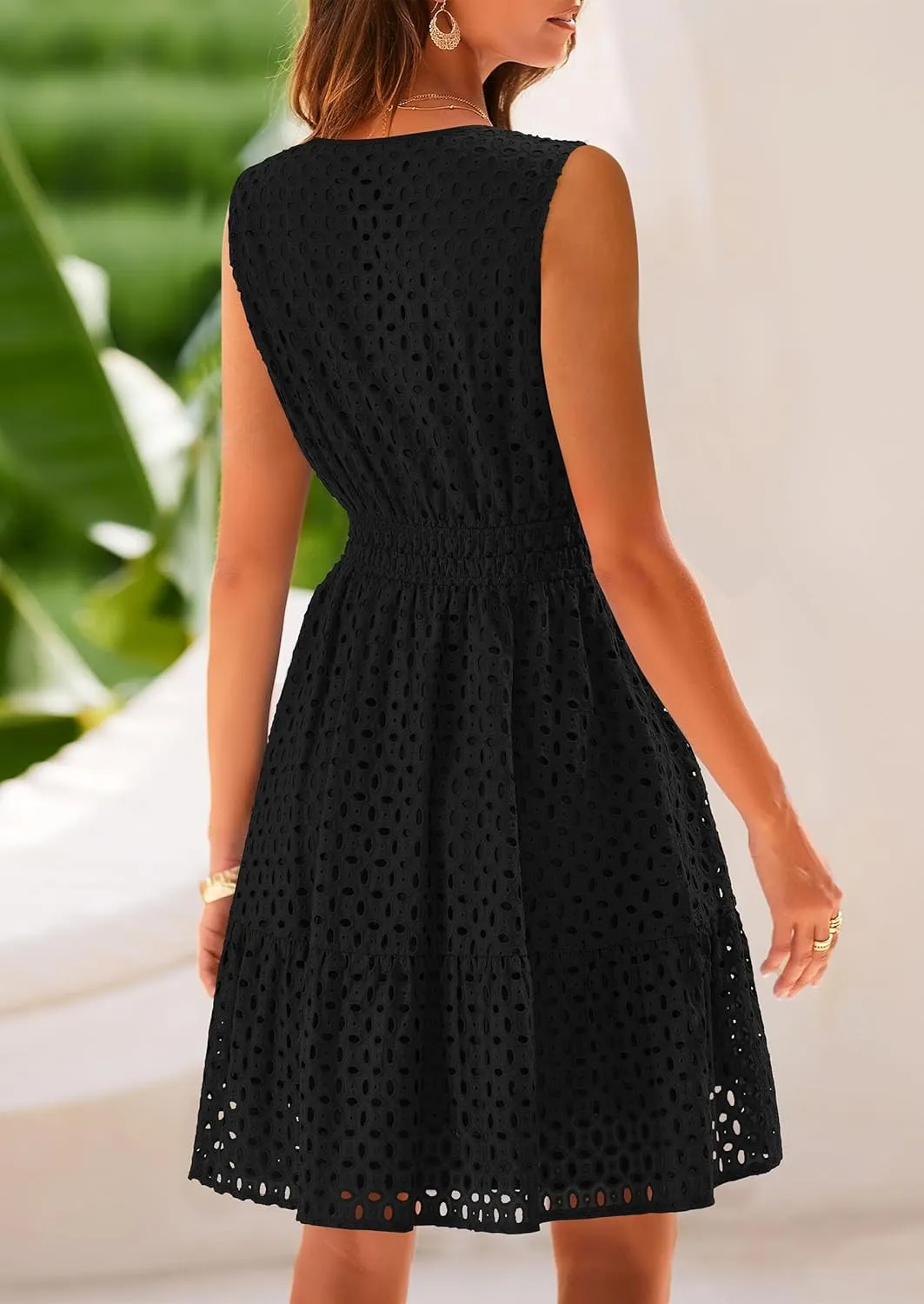 PRETTYGARDEN Women's Summer Dresses 2025 Sleeveless V Neck Eyelet Hollow Out Swing A Line Beach Vacation Sun Dress