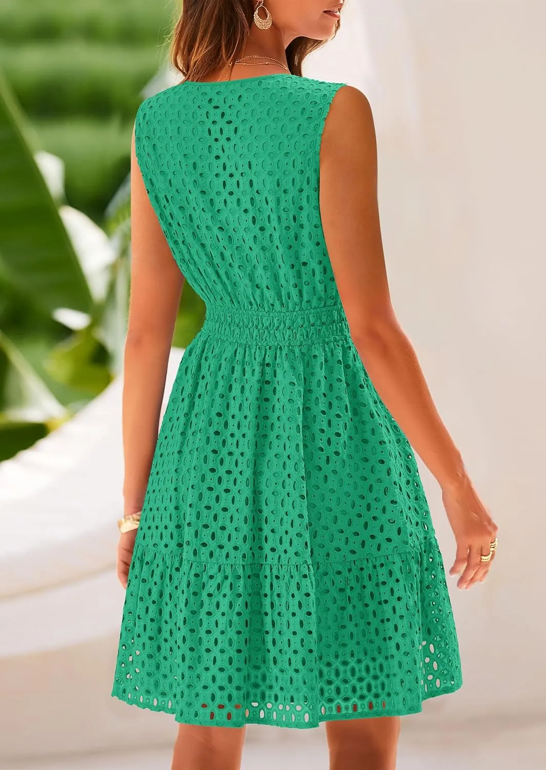 PRETTYGARDEN Women's Summer Dresses 2025 Sleeveless V Neck Eyelet Hollow Out Swing A Line Beach Vacation Sun Dress