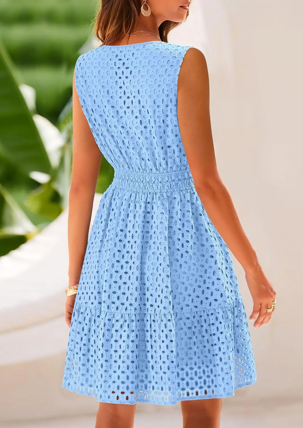 PRETTYGARDEN Women's Summer Dresses 2025 Sleeveless V Neck Eyelet Hollow Out Swing A Line Beach Vacation Sun Dress