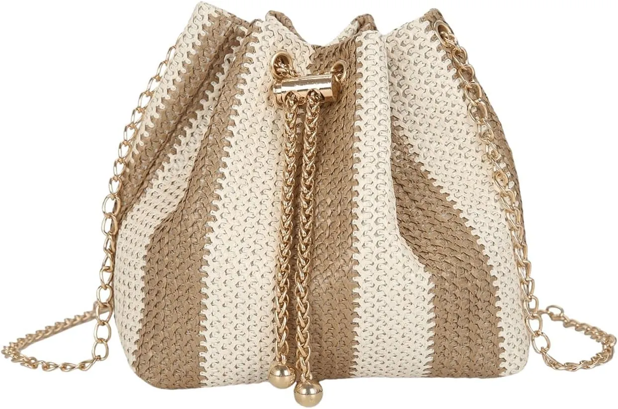 QWINEE Straw Bucket Bags for Women Woven Drawstring Beach Crossbody Bags with Chain Strap Brown One-Size
