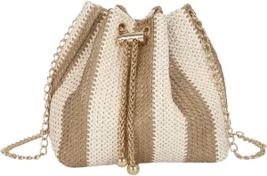 QWINEE Straw Bucket Bags for Women Woven Drawstring Beach Crossbody Bags with Chain Strap Brown One-Size