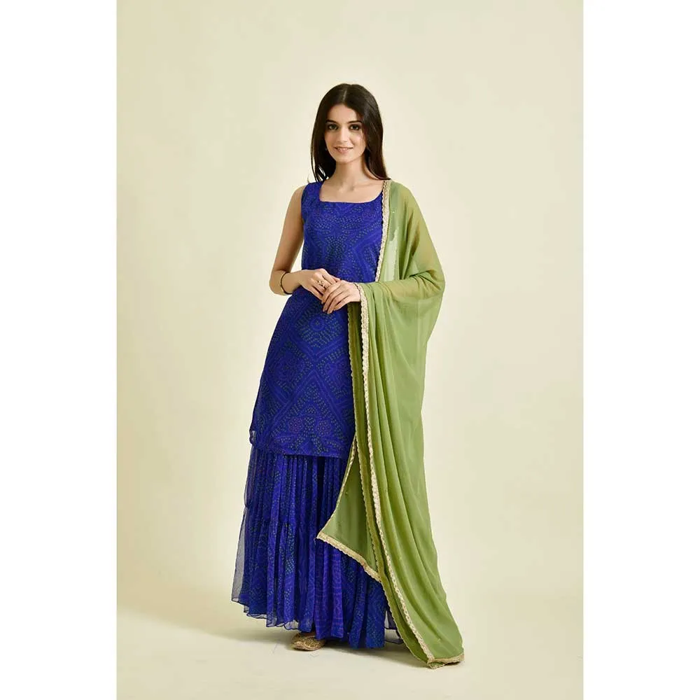 Rangpur Women Blue Bandhani Sharara (Set of 3)