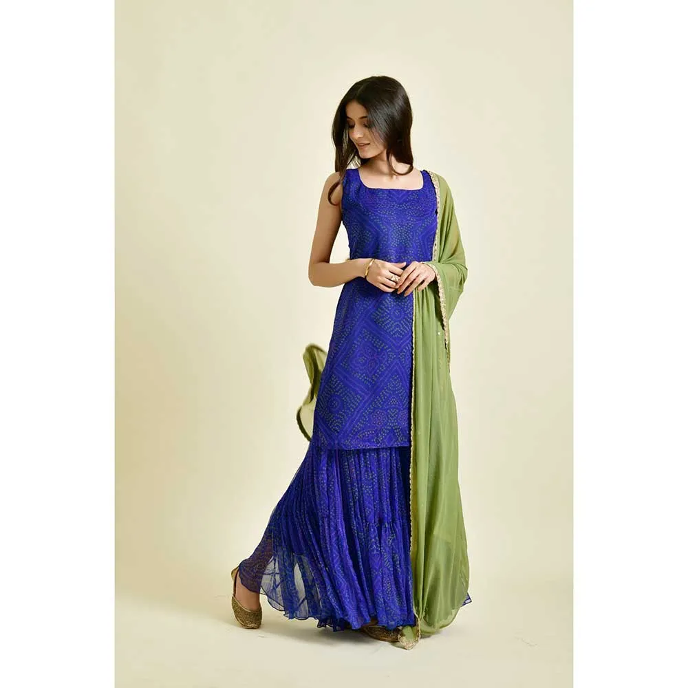Rangpur Women Blue Bandhani Sharara (Set of 3)