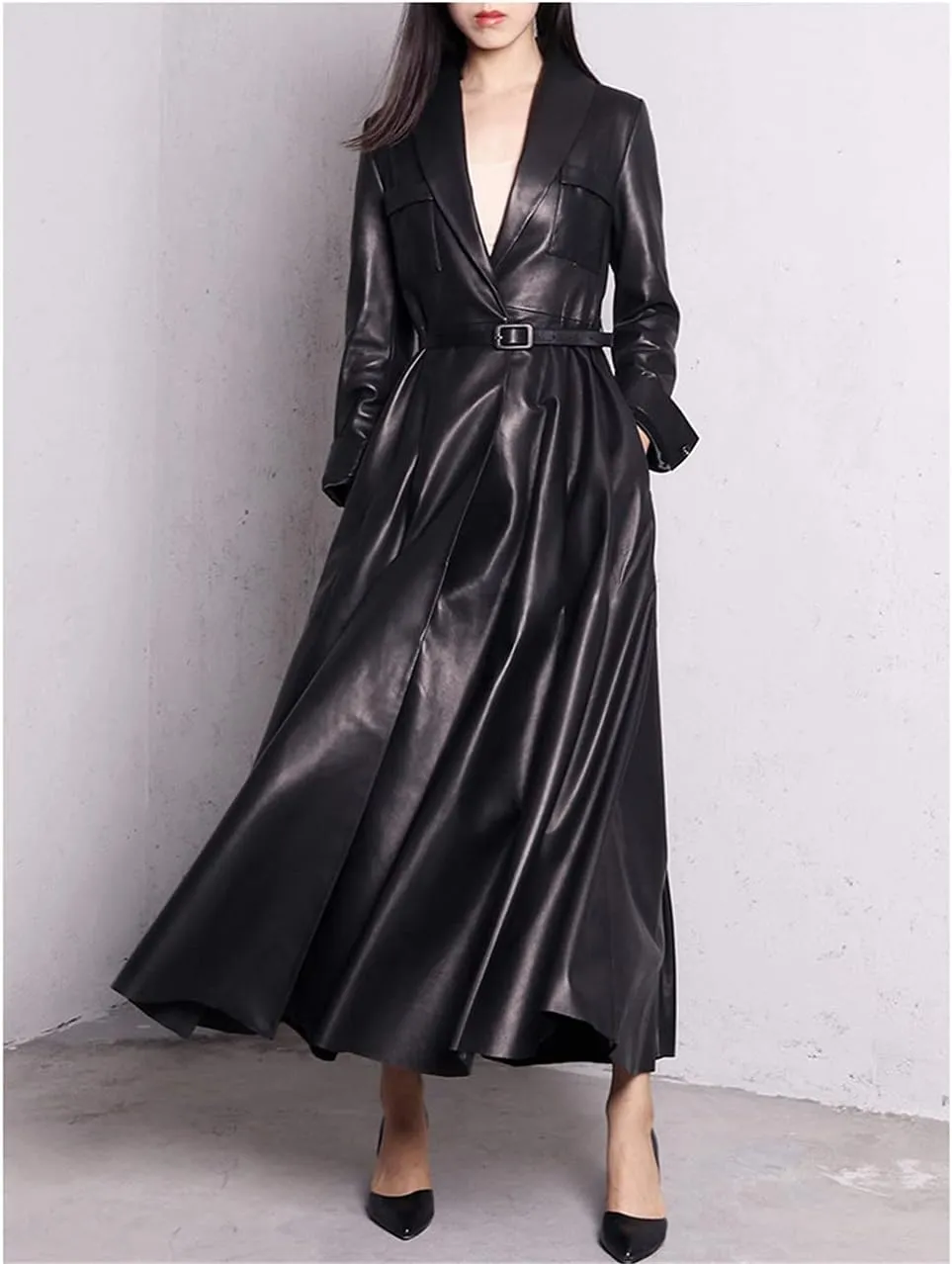 Red Black Maxi Leather Trench Coat, Women Long Skirted Elegant Overcoat Plus Size