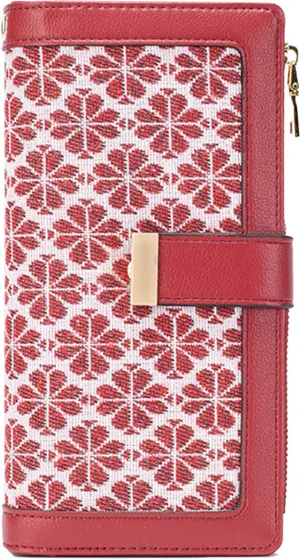 Red RFID Blocking Wallet for Women Long Leather Coin Purse with Flower Design Minimalist Credit Card Holder and ID Window Cute Travel Cash Wallet for Women