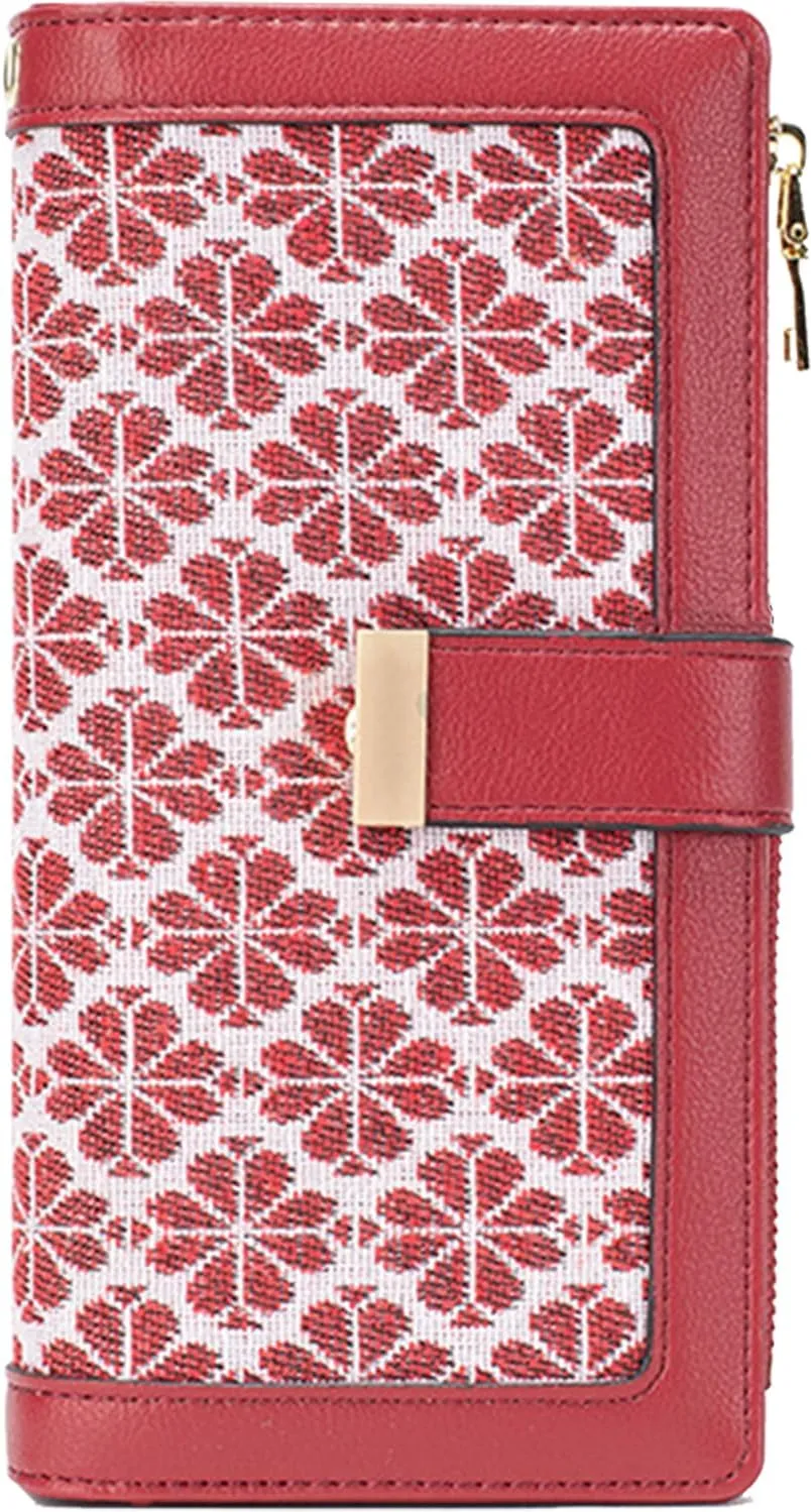 Red RFID Blocking Wallet for Women Long Leather Coin Purse with Flower Design Minimalist Credit Card Holder and ID Window Cute Travel Cash Wallet for Women