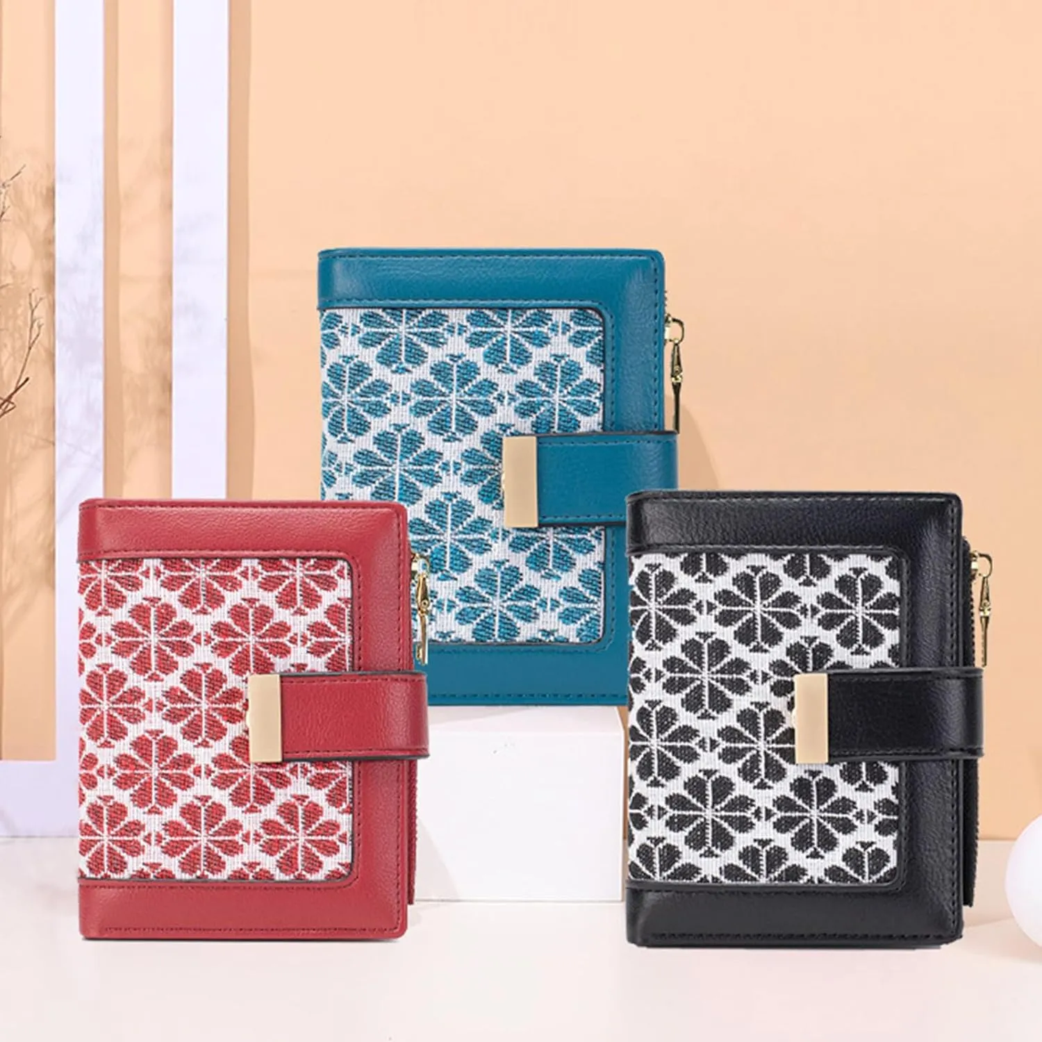 Red RFID Blocking Wallet for Women Small Leather Coin Purse with Flower Design Minimalist Credit Card Holder and ID Window Cute Travel Cash Wallet for Women