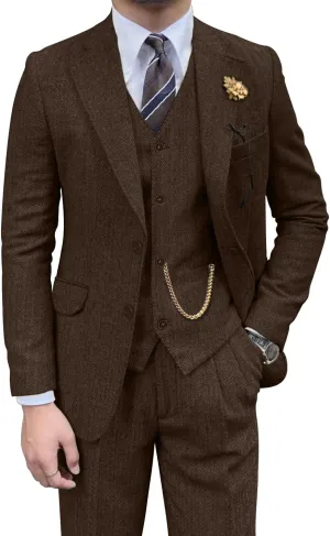 Retro Mens 3 Piece Suit Tweed Herringbone Slim Fit Suits Groomsmen Brown Tuxedos Set Prom Jacket Blazer Vest Pants for Men