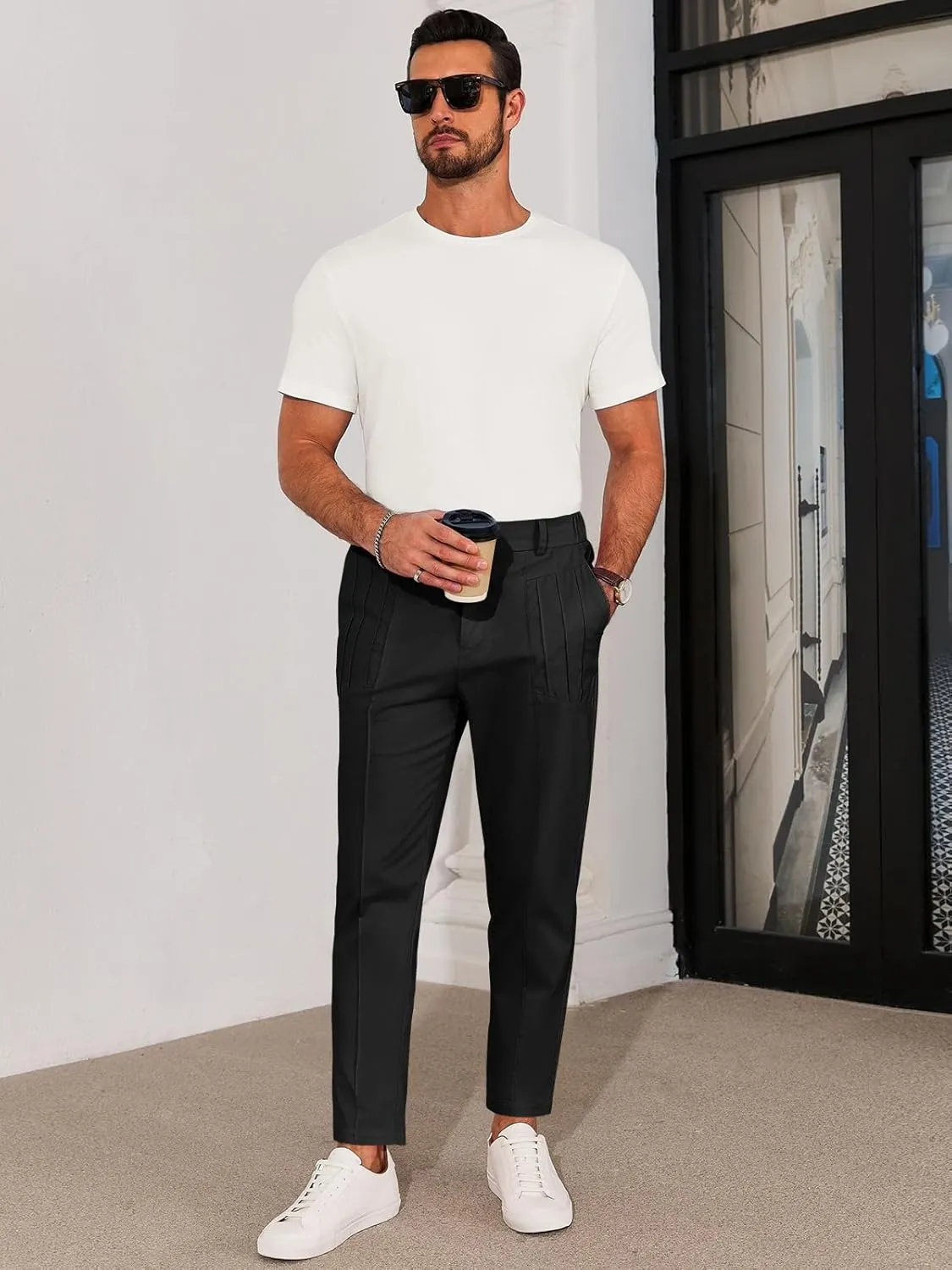 Runcati Mens Slim Fit Dress Pants Chino Casual Elastic Waist Slacks Trousers Skinny Stretch Suit Pants