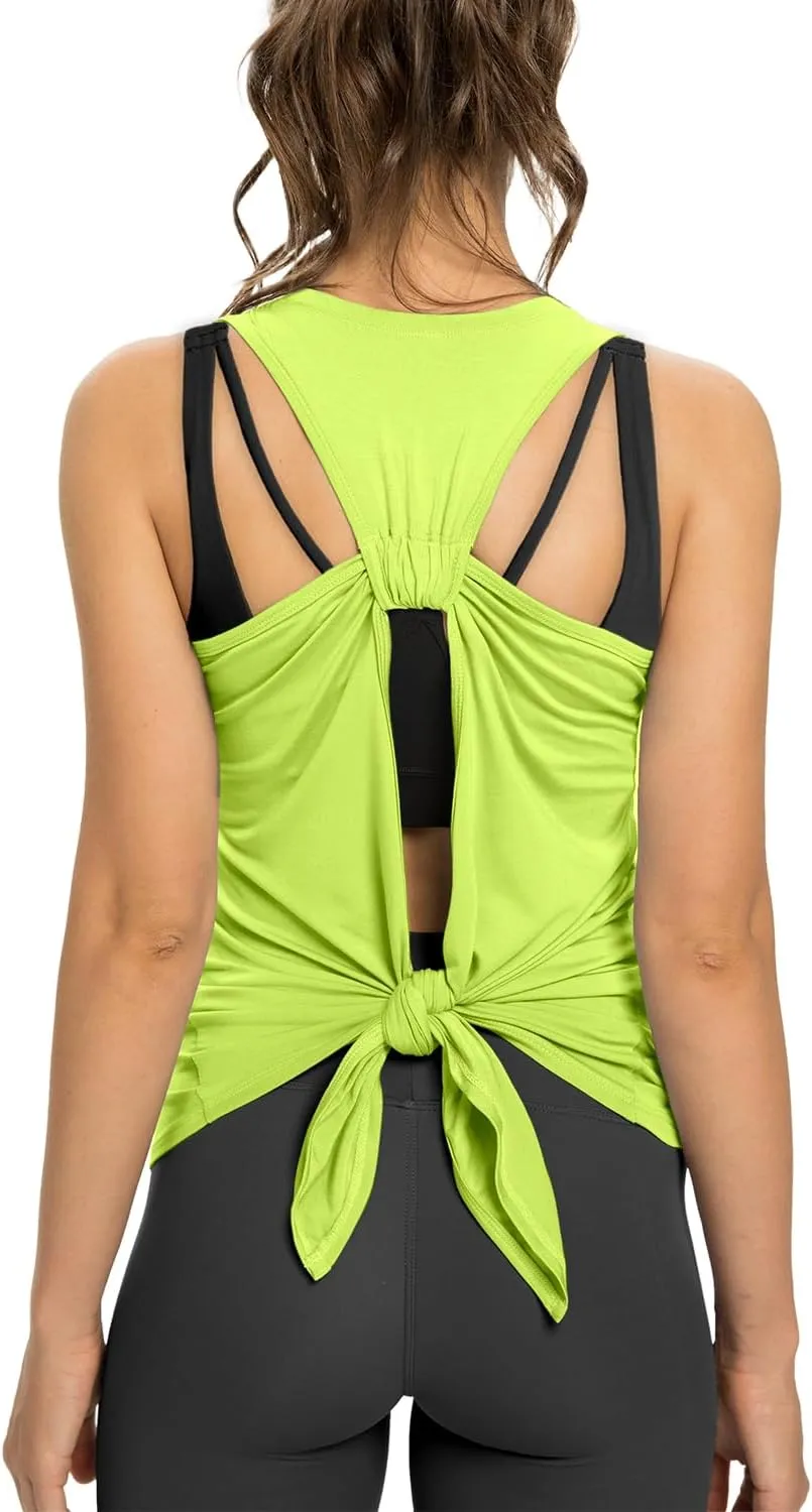 Sanutch Open Back Workout Top Backless Yoga Shirts Tie Back Workout Tank for Women