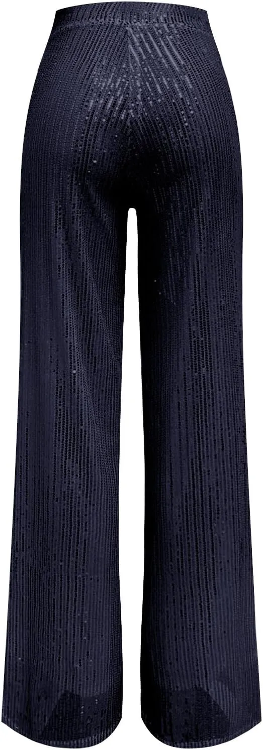 Sequin Pants Women Fashion High Waist Pant Sparkly Wide Leg Trousers Elastic Loose Side Zipper Shiny Pants
