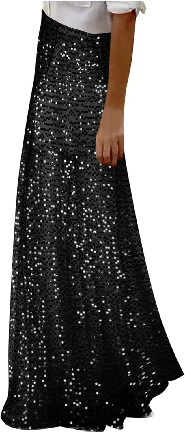 Sexy Layered Sequin Skirt for Women High Waist Disco Long Maxi Skirt Sparkle Glitter Night Flowy Evening Party Skirt
