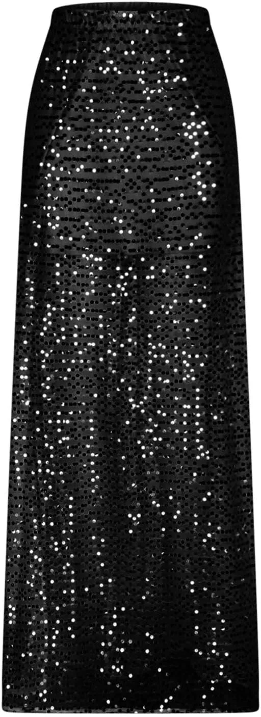 Sexy Layered Sequin Skirt for Women High Waist Disco Long Maxi Skirt Sparkle Glitter Night Flowy Evening Party Skirt
