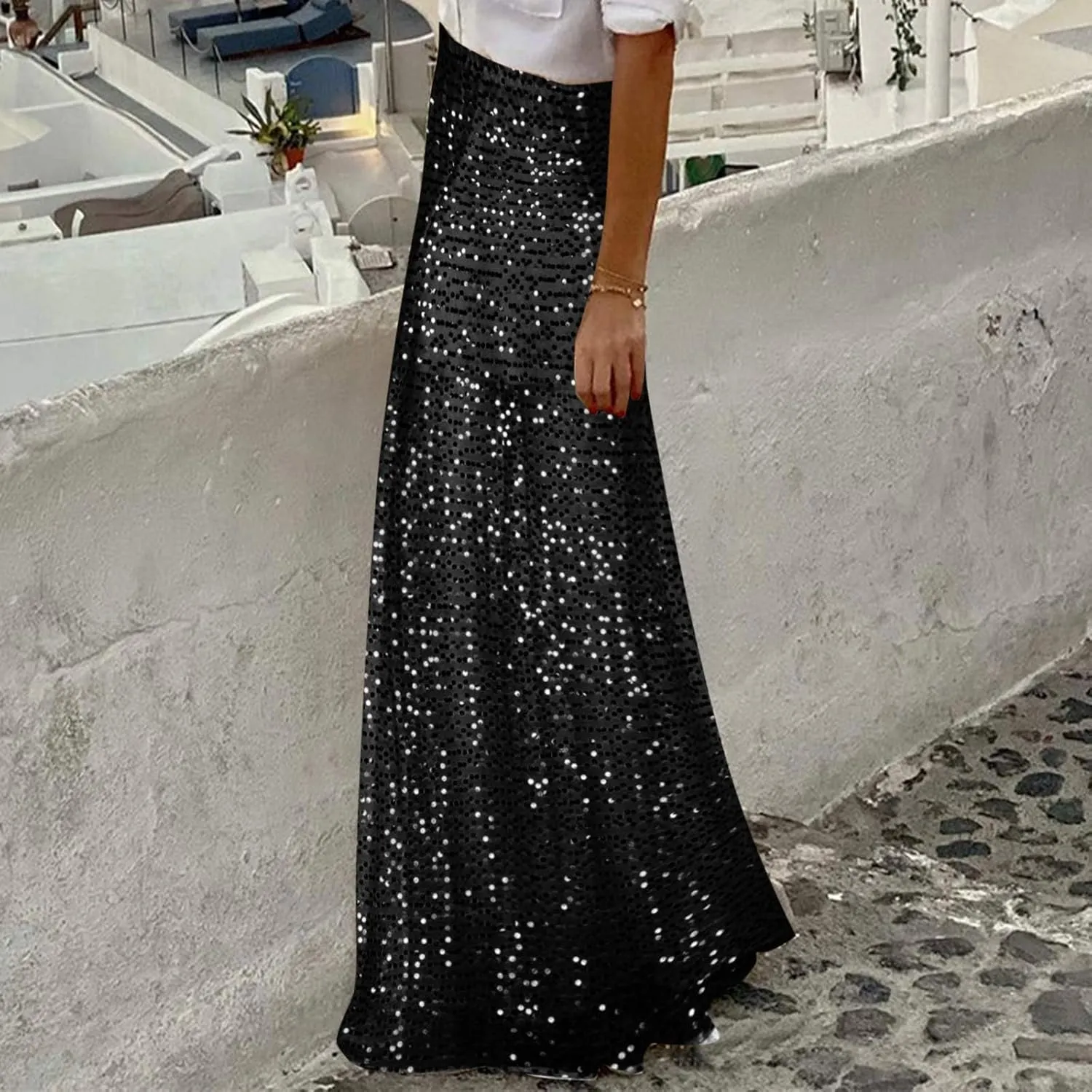 Sexy Layered Sequin Skirt for Women High Waist Disco Long Maxi Skirt Sparkle Glitter Night Flowy Evening Party Skirt