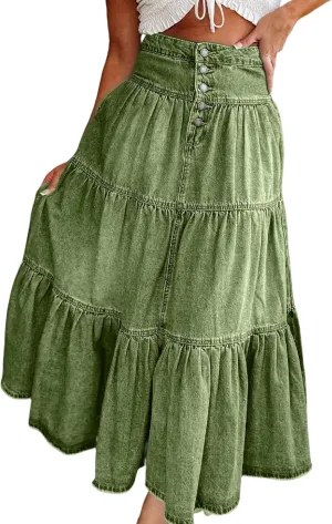Seyumixi Women Tiered Denim Maxi Skirt Button Ruffle Flowy Jean Long Skirt High Waist A Line Jeans Midi Skirt