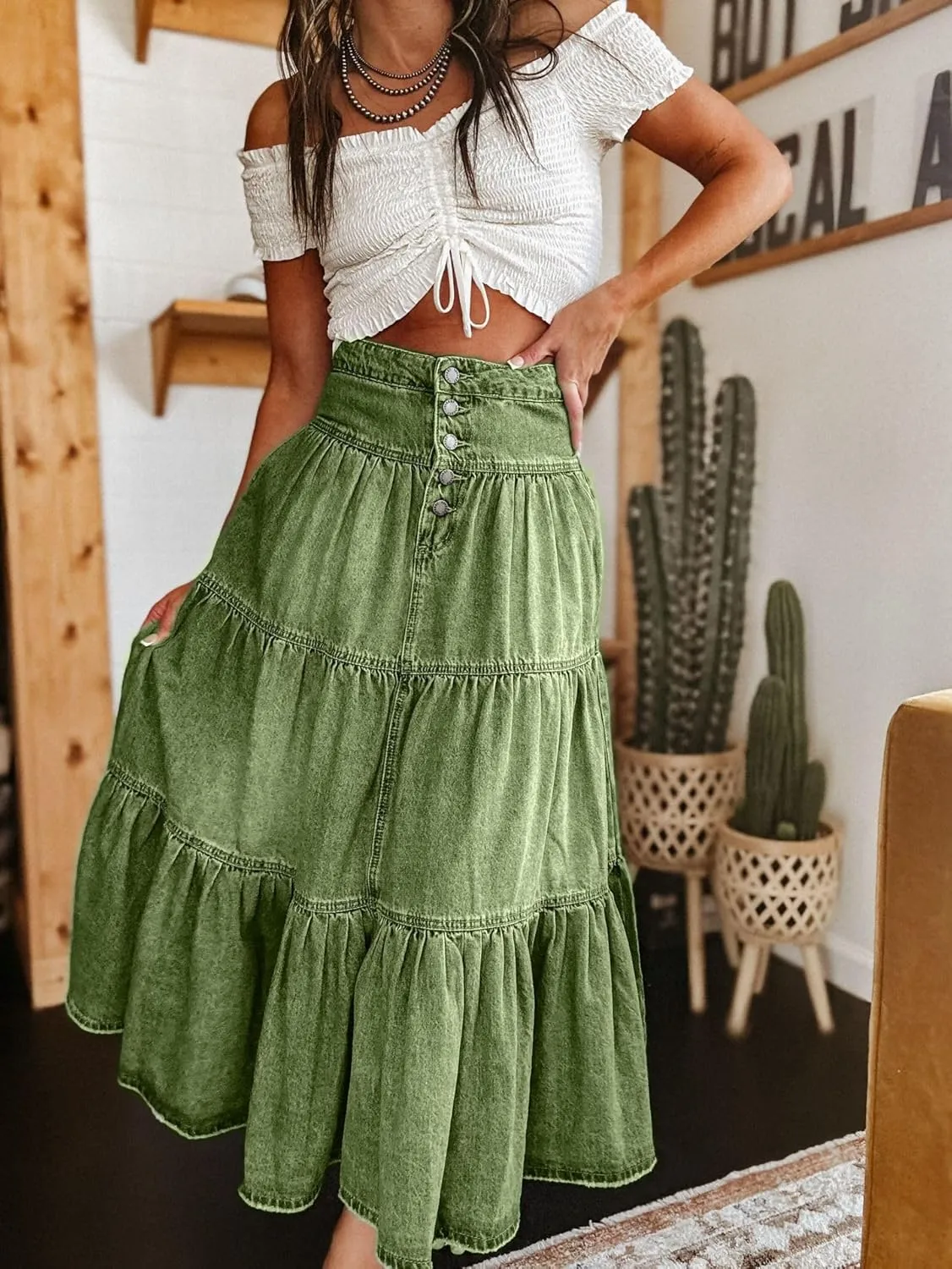 Seyumixi Women Tiered Denim Maxi Skirt Button Ruffle Flowy Jean Long Skirt High Waist A Line Jeans Midi Skirt