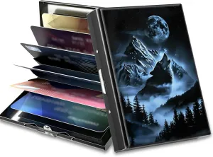 Slim Credit Card Holder, Abstract Lone Wolf RFID Blocking Metal Wallet for Men & Women, Aluminum Minimalist Hard Case Pocket-Sized Business Cards Organizer (Fits Up to 10 Cards)