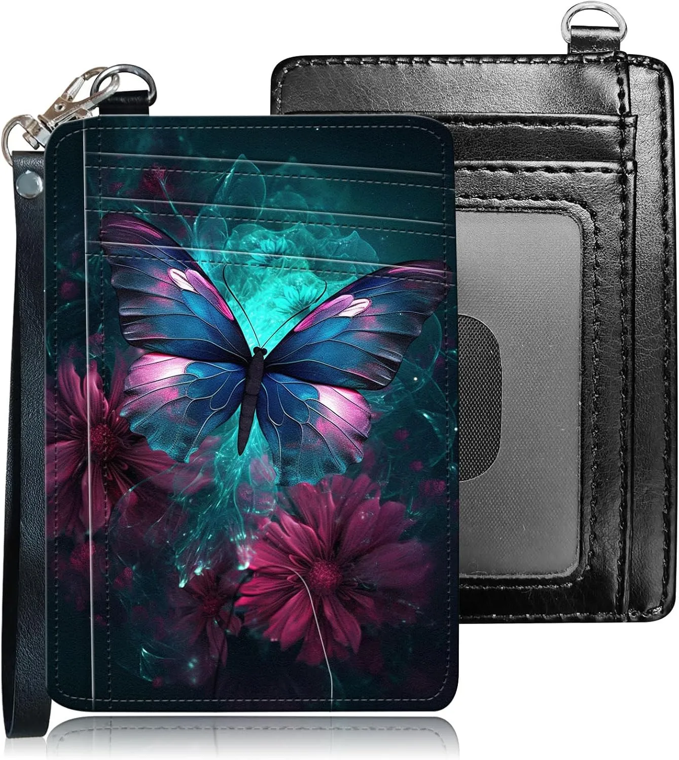 Slim RFID Blocking Card Holder Wallet with Wrist Strap - Minimalist Front Pocket Wallet, Buutterfly Design, PU Leathe, for Men & Women, Ideal for Travel & Gifts