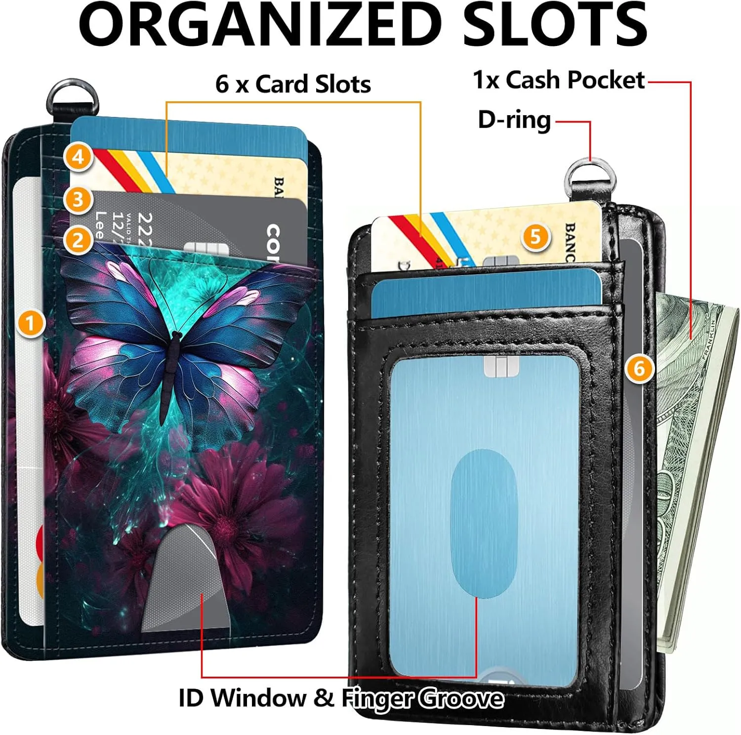 Slim RFID Blocking Card Holder Wallet with Wrist Strap - Minimalist Front Pocket Wallet, Buutterfly Design, PU Leathe, for Men & Women, Ideal for Travel & Gifts