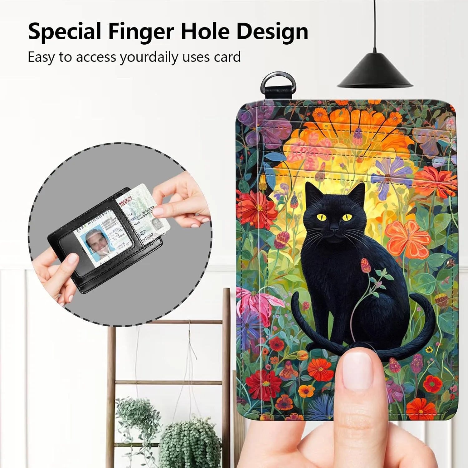 Slim RFID Blocking Card Holder Wallet with Wrist Strap - Minimalist Front Pocket Wallet, Cat Floral Design, PU Leathe, for Men & Women, Ideal for Travel & Gifts