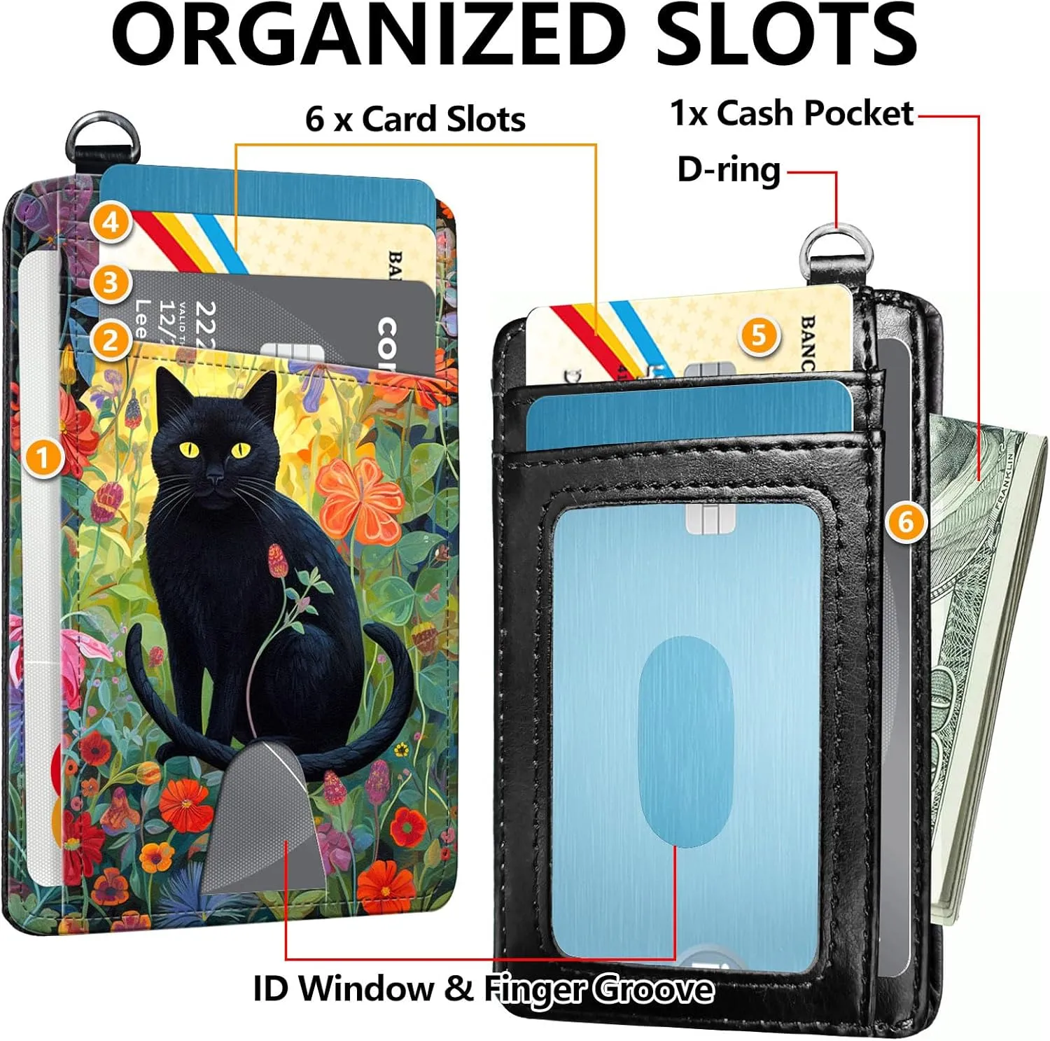 Slim RFID Blocking Card Holder Wallet with Wrist Strap - Minimalist Front Pocket Wallet, Cat Floral Design, PU Leathe, for Men & Women, Ideal for Travel & Gifts
