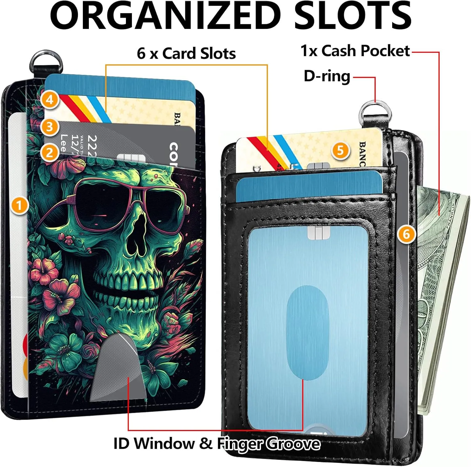 Slim RFID Blocking Card Holder Wallet with Wrist Strap - Minimalist Front Pocket Wallet, Cool Skull Design, PU Leathe, for Men & Women, Ideal for Travel & Gifts