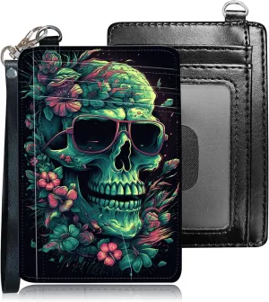 Slim RFID Blocking Card Holder Wallet with Wrist Strap - Minimalist Front Pocket Wallet, Cool Skull Design, PU Leathe, for Men & Women, Ideal for Travel & Gifts
