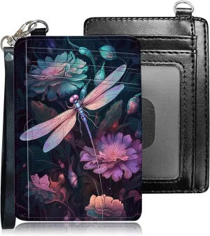 Slim RFID Blocking Card Holder Wallet with Wrist Strap - Minimalist Front Pocket Wallet, Dragonfly Design, PU Leathe, for Men & Women, Ideal for Travel & Gifts