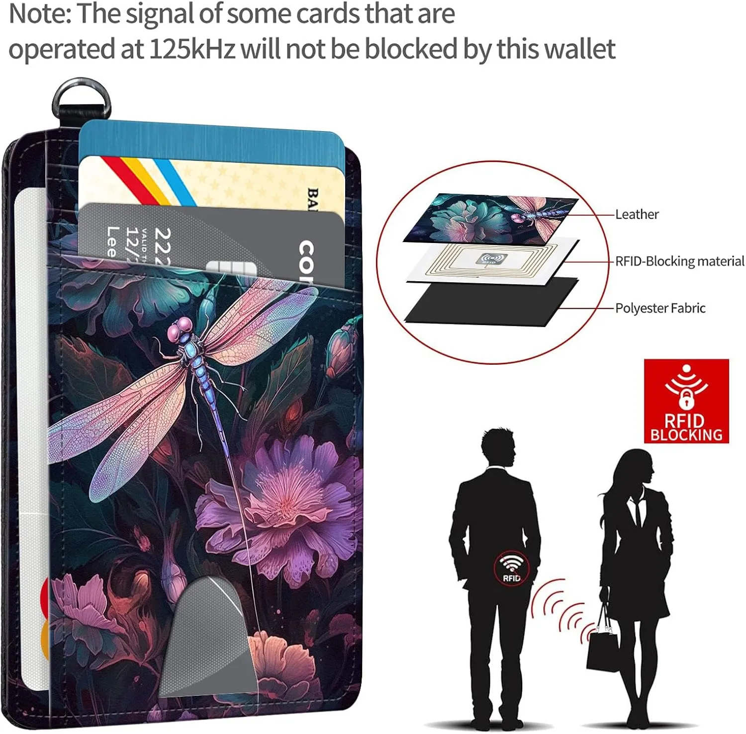 Slim RFID Blocking Card Holder Wallet with Wrist Strap - Minimalist Front Pocket Wallet, Dragonfly Design, PU Leathe, for Men & Women, Ideal for Travel & Gifts