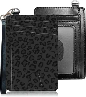 Slim RFID Blocking Card Holder Wallet with Wrist Strap - Minimalist Front Pocket Wallet, Leopard Print Design, PU Leathe, for Men & Women, Ideal for Travel & Gifts