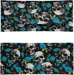 Slim Wallet for Women Casual Water Resistant Leather Cash Purses with Button for Ladies Trendy Blue Rose Skull Travel Business Everyday Clutch Bags Portable Outdoor Satchel