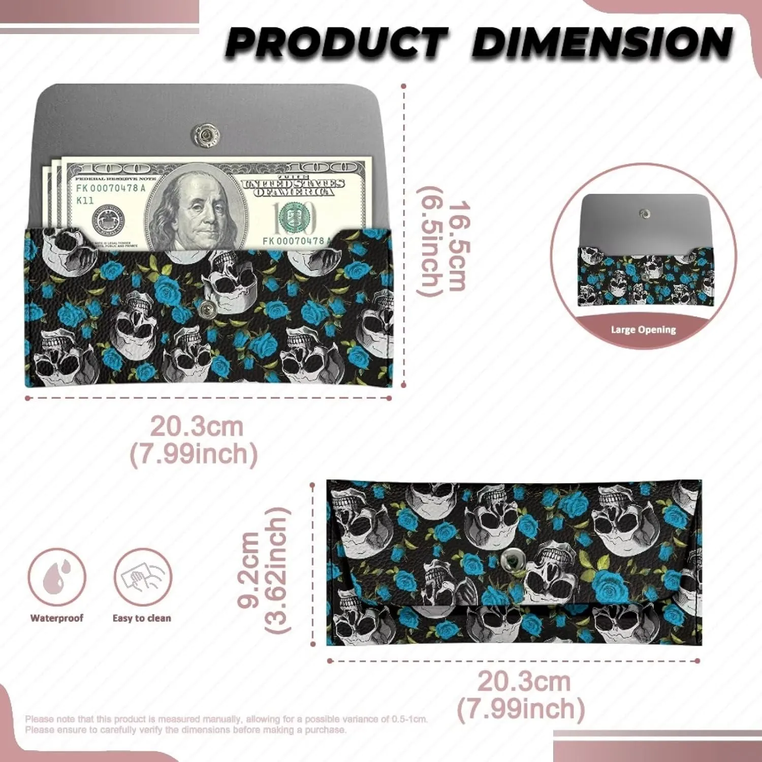 Slim Wallet for Women Casual Water Resistant Leather Cash Purses with Button for Ladies Trendy Blue Rose Skull Travel Business Everyday Clutch Bags Portable Outdoor Satchel