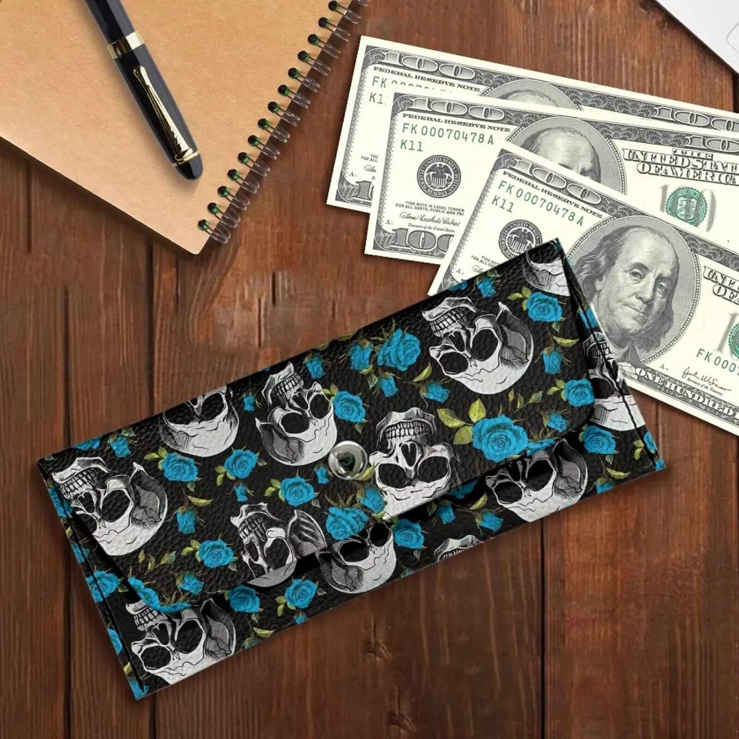 Slim Wallet for Women Casual Water Resistant Leather Cash Purses with Button for Ladies Trendy Blue Rose Skull Travel Business Everyday Clutch Bags Portable Outdoor Satchel