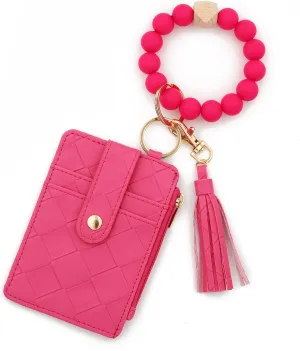 Small Coin Purse Zipper Wristlet Purses for Women Cute Silicone Beaded Tassel Credit Card Holder Wallet Minimalist Change Purse With Keychain Compact PU Leather Wallet (Rose)