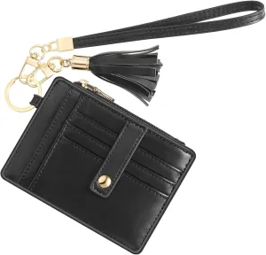 Small Credit Card Wallet Slim Wallet with Wristlet Strap, PU Leather Minimalist Card Holder - 8 Card Slots & 1 ID Window & 1 Zipper Pocket, Black
